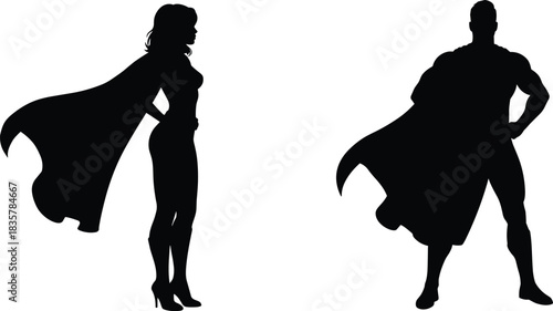 Black silhouette of a female and male superhero with capes woman