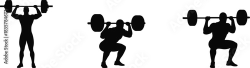 Black silhouette of man lifting barbell overhead and performing squats weightlifting