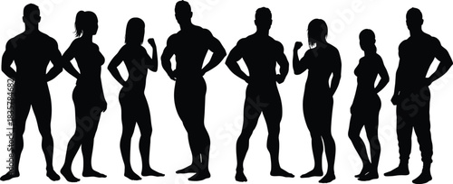 Black silhouettes of diverse men and women standing in various poses white background