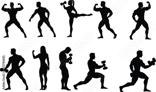 Black silhouettes of men and women exercising with dumbbells and posing fitness exercise