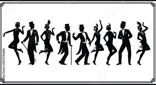 Black silhouettes of flapper dancers and men in top hats dancing 1920s art deco