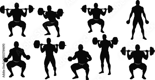 Black silhouettes of men lifting barbells and dumbbells in various poses weightlifting