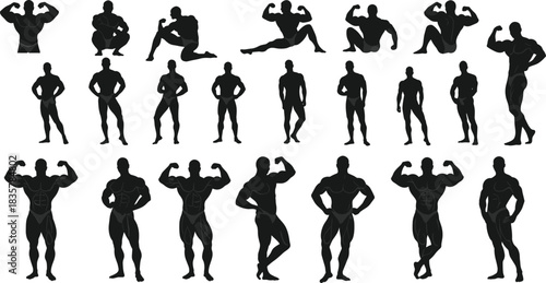 Silhouette bodybuilders flexing muscles in various poses on white background fitness