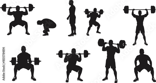 Silhouettes of men performing weightlifting exercises with barbells fitness 1