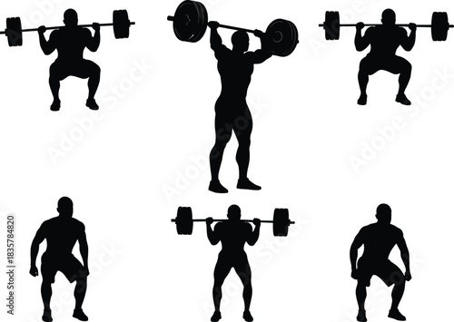 Silhouettes of men performing weightlifting exercises with barbells fitness