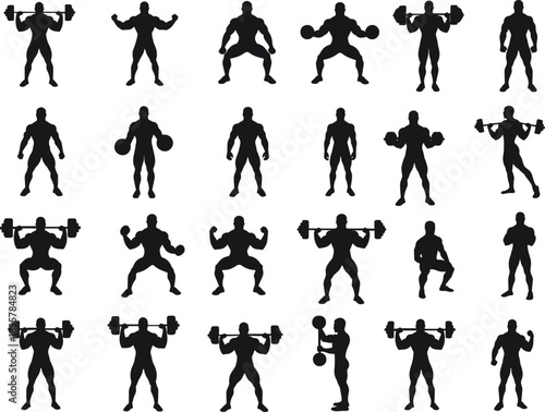 Silhouettes of muscular men performing weightlifting exercises fitness strength