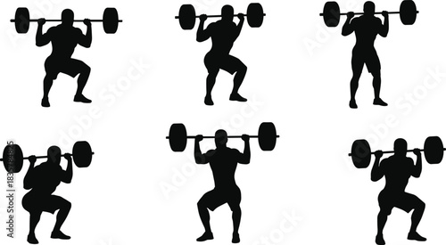Six black silhouette figures performing barbell squats on white background weightlifting exercise