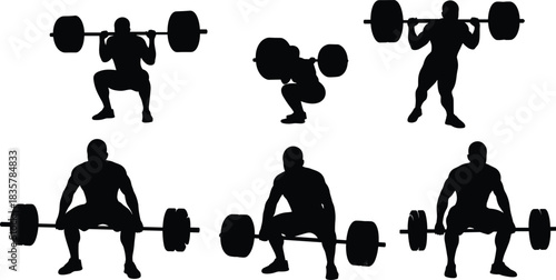 Six black silhouette weightlifters performing squats and deadlifts weightlifting barbell
