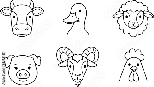Six Farm Animal Faces Cow Duck Sheep Pig Goat Chicken Outline Icons vector
