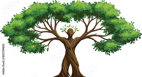 Stylized tree with human-like trunk and green foliage on white background nature leaves