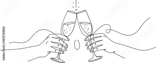 Two hands holding champagne glasses clinking together with bubbles toasting celebration