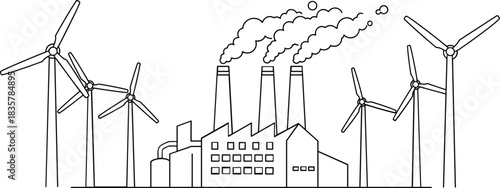 Wind turbines and factory with smoke stacks and steam clouds vector