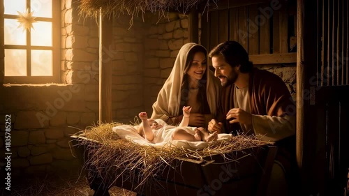 Woman and man with baby in manger sequence. Nativity scene with Holy family for Christmas celebration. Religious holiday concept.