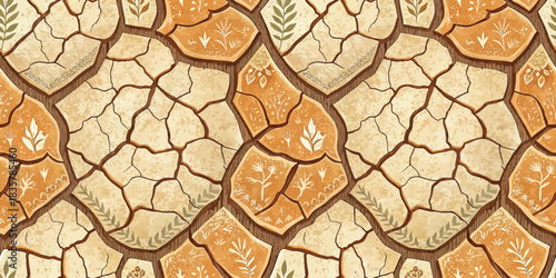 A beautifully textured patterned design featuring cracked earth in warm tones with delicate botanical illustrations.
