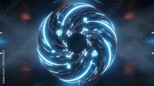 Medisphere - Dark Futuristic Metallic Energy Core Glowing Blue on a Sleek Platform, Enveloped in Mysterious Haze