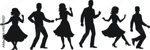 Black silhouettes of couples dancing in retro style on white background vintage