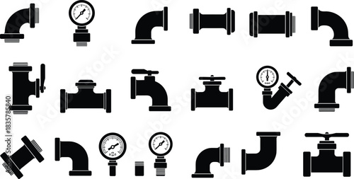 Black silhouette plumbing pipe fittings valves and pressure gauges vector