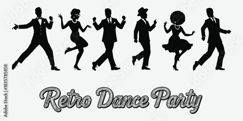 Black silhouettes of dancing couples and individuals in retro attire party vintage