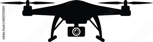 Black silhouette of a quadcopter drone with camera on white background aerial vehicle technology
