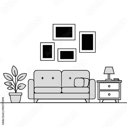 Minimalist living room interior scene with a gray sofa a potted plant and a nightstand with a lamp in a modern home studio setting with simple wall art and clean lines
