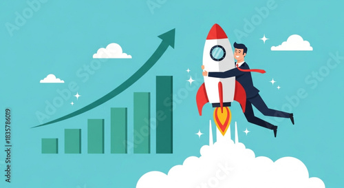 Business growth and success represented by a man in a suit riding a rocket and a rising bar chart