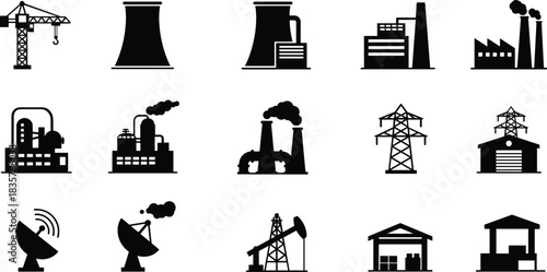 Collection of black industrial and infrastructure icons on white background industry factory