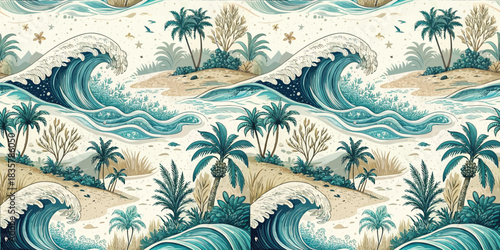 Vibrant ocean waves crashing on a tropical shore with lush palm trees and sandy island landscapes.