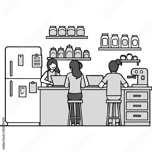 Three People Working on Laptops at a Counter with a Refrigerator and Coffee Maker in a Brightly Lit Room