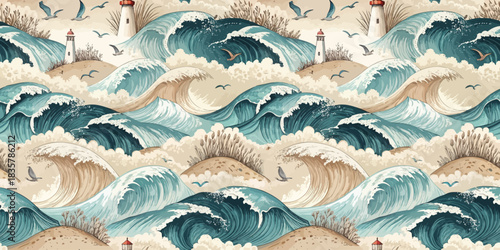 Stylish ocean waves and lighthouses creating a serene coastal pattern in vibrant blues and earthy tones.