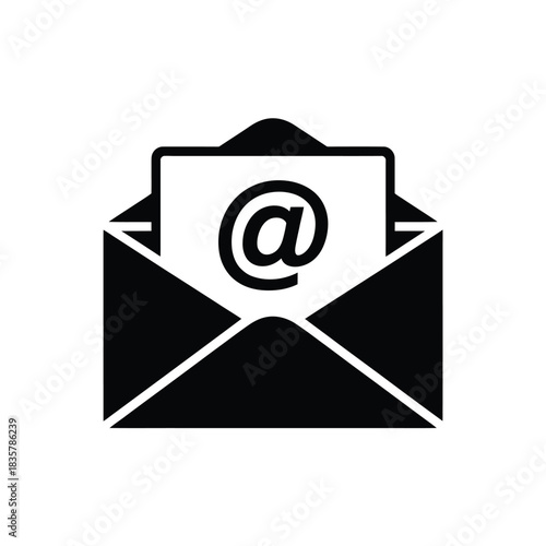 Black and white icon of an open envelope with an email symbol