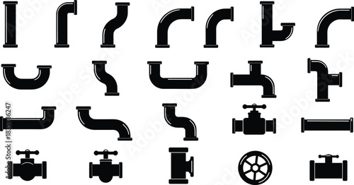 Collection of black plumbing pipes and valves on white background water construction