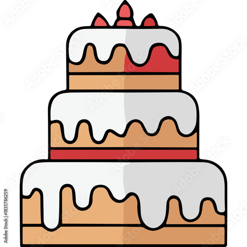Three Tier Birthday Cake with White Frosting and Red Accents Featuring Candles and Fruit Topping on a Black Background Ideal for Celebrations and Sweet Occasions