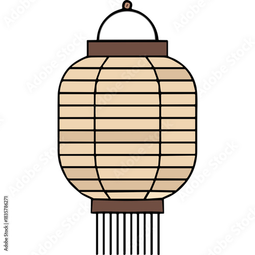 Traditional Japanese Lantern With Vertical Lines and Dark Tassels Hanging Against a Black Background Simple Decorative Element