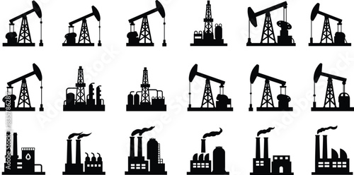 Collection of black silhouette oil pump jacks and industrial factories oil rig derrick