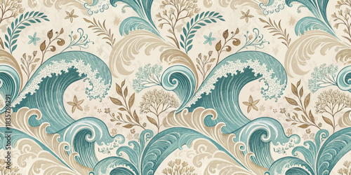 Elegant floral and wave pattern in teal and beige tones, perfect for home decor or textile design.
