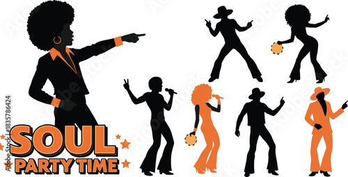 Disco dancers and soul party text with orange and black silhouettes dancing music