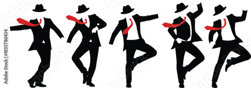 Five black silhouette figures in suits and hats dancing with red ties dancer