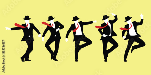 Five silhouetted men in black suits and red ties dancing on yellow background vector