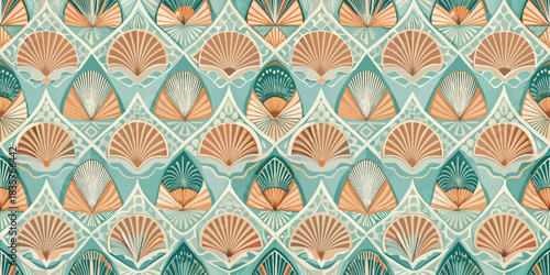 Elegant teal and peach seashell pattern, featuring ornate designs and a harmonious retro vibe.