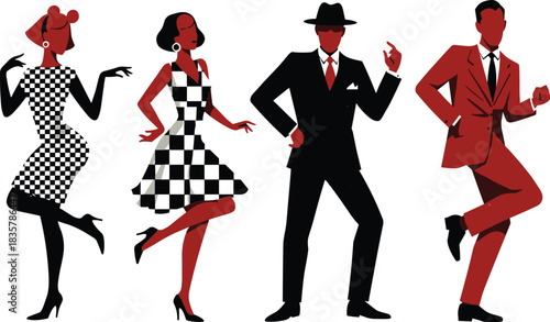 Four stylized figures in retro fashion dancing on white background vector