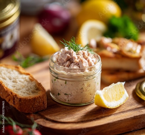 Delectable Tuna Appetizer: An artfully arranged culinary still life showcases a glass jar overflowing with a fresh and flavorful tuna appetizer, accompanied by a lemon wedge and crusty bread