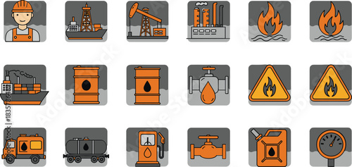 Oil industry icons worker ship rig factory fire barrels valve gas pump jerrycan gauge vector