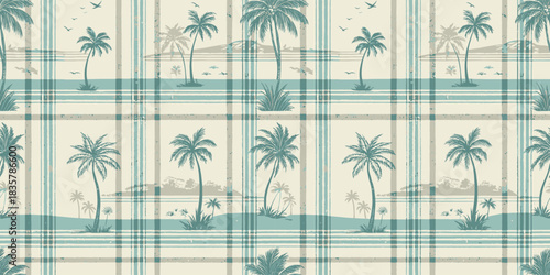 A serene coastal pattern featuring palm trees and waves, evoking a relaxed, tropical vibe.