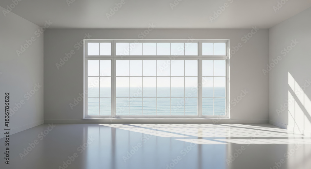 Fototapeta premium Minimalist Room with Ocean View Through Large White Window