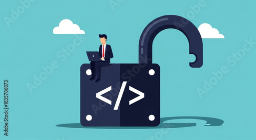 Open Source Code Concept with a Businessman Working on a Laptop next to an Unlocked Padlock Symbol