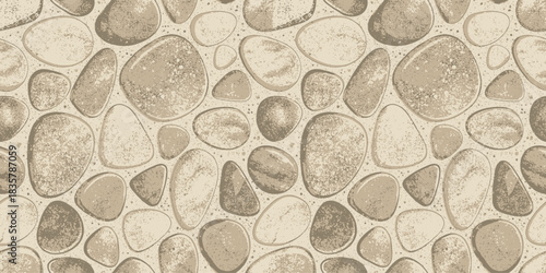 A textured pattern of smooth pebbles in neutral tones, perfect for backgrounds or print designs.