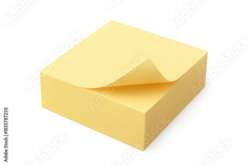 Yellow sticky note pad with curling top sheet providing space for important reminders, messages, and office work