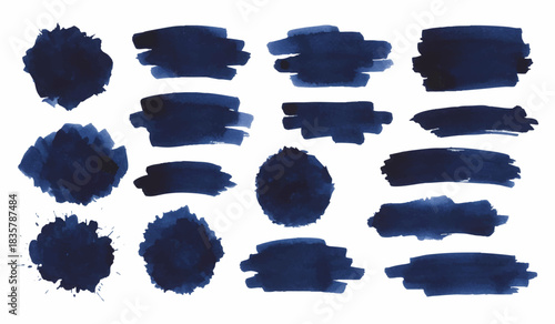 Elegant Dark Blue Watercolor Brush Strokes Collection on White Background for Creative Designs and Artistic Projects