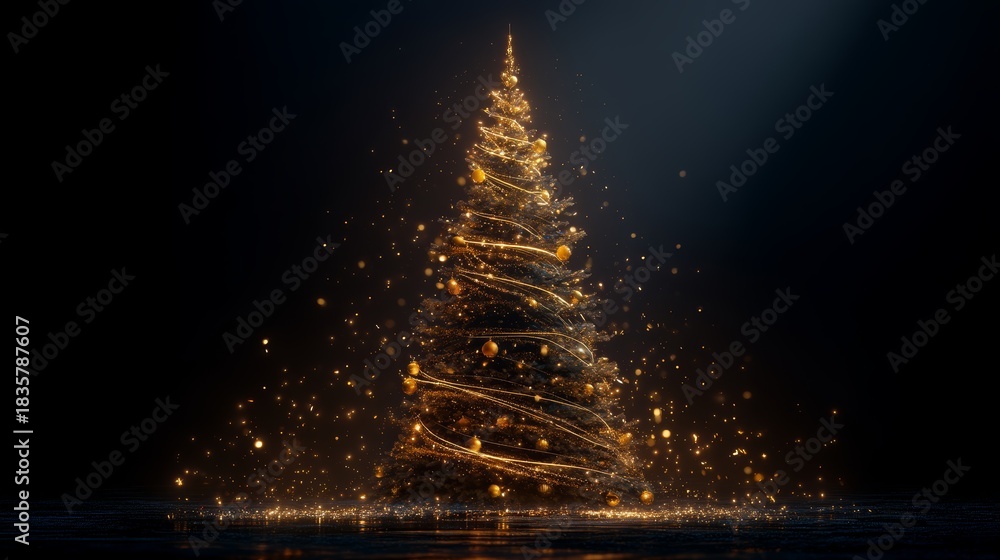 Obraz premium Luxurious Golden Christmas Tree in Dark Studio with Magical Glow