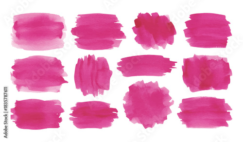 Vibrant pink watercolor brush strokes and organic paint swatches offer versatile artistic expression, perfect for creative design projects and digital art backgrounds and overlays.